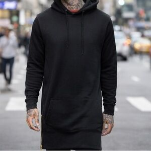 Black Longline Pullover Hoodie with side zippers-Medium